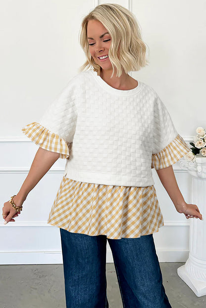 White Plaid Patchwork Half Sleeve Ruffle Round Neck Blouse