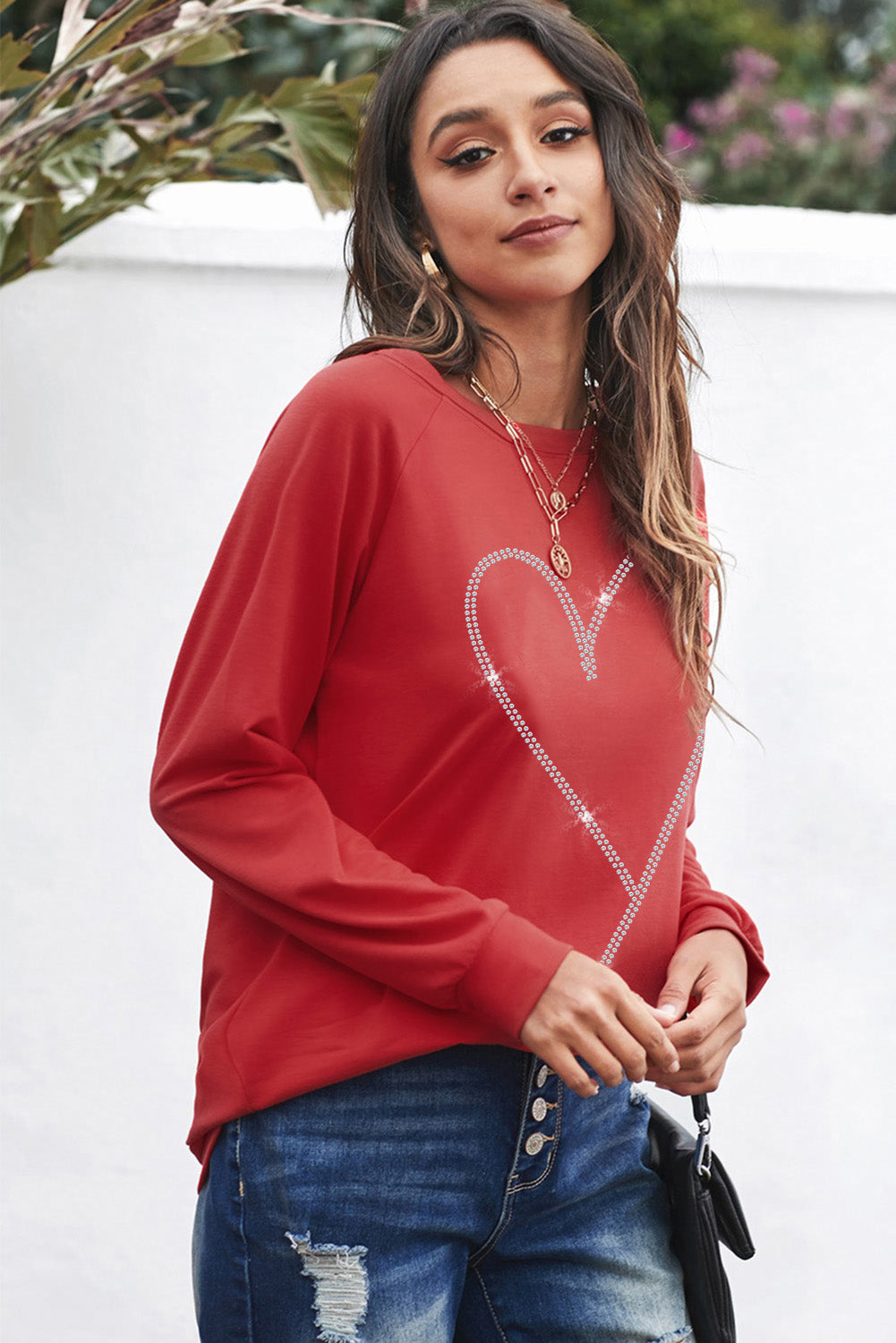 Red Casual Rhinestone Heart Shaped Graphic Sweatshirt