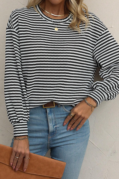 Rose Stripe Round Neck Drop Shoulder Long Sleeve Top