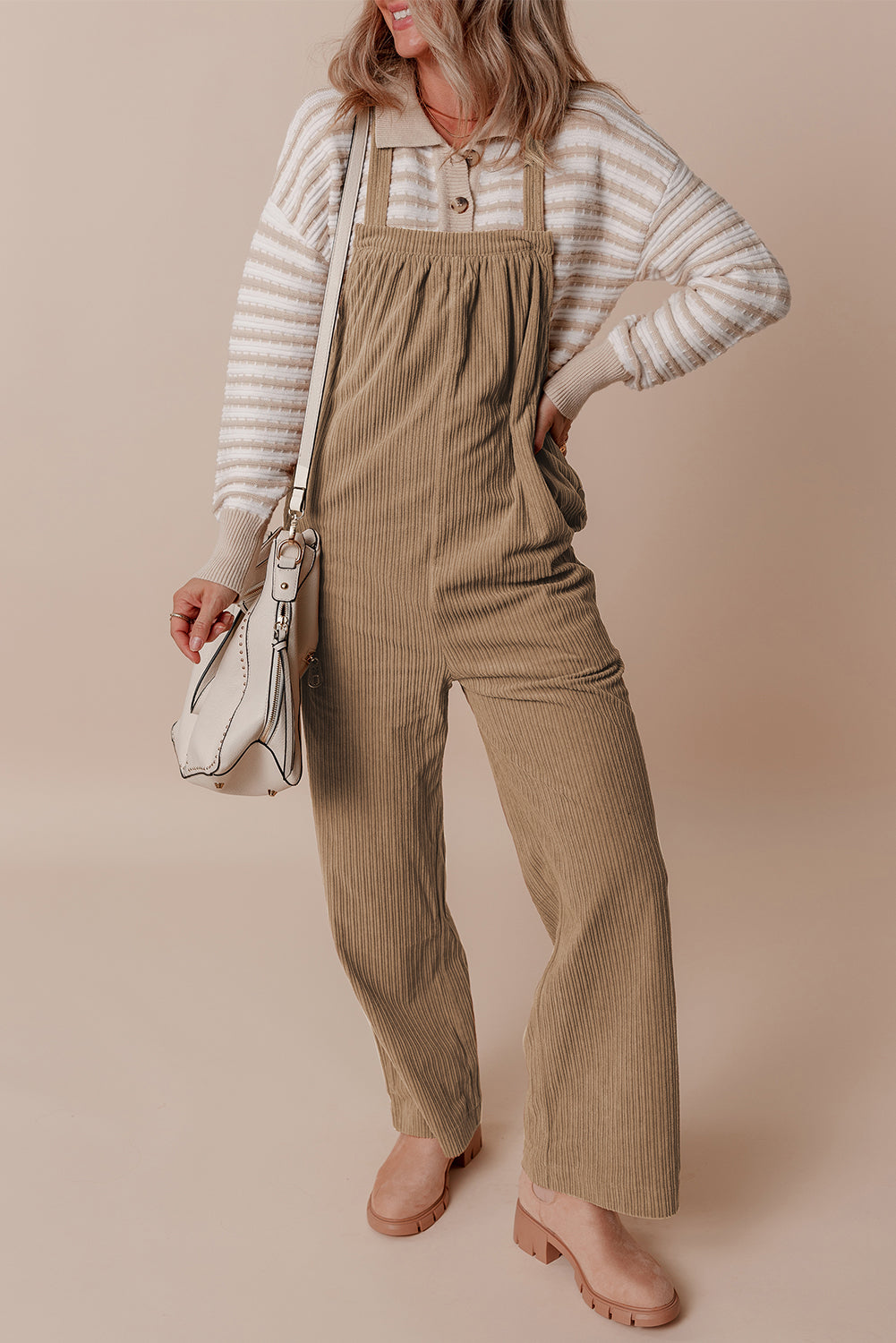 Gray Morn Plain Pocketed Loose Fit Corduroy Overalls