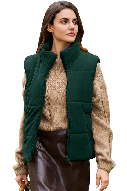 Jungle Green Solid Color Corduroy Puffer Vest Coat