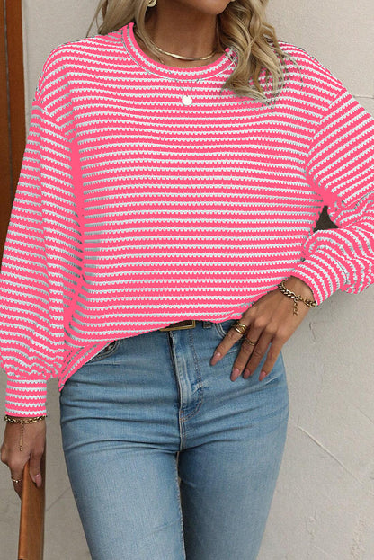 Rose Stripe Round Neck Drop Shoulder Long Sleeve Top