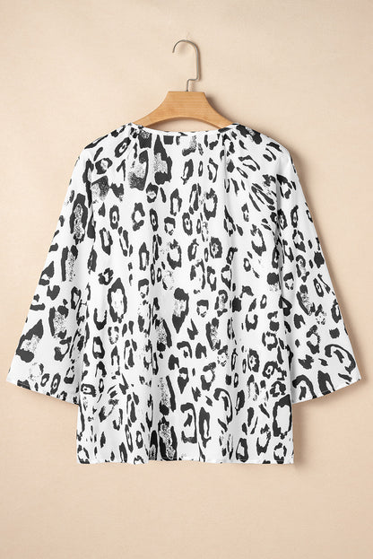 Rose Leopard Print Ruched V Neck 3/4 Sleeve Blouse