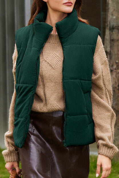 Jungle Green Solid Color Corduroy Puffer Vest Coat