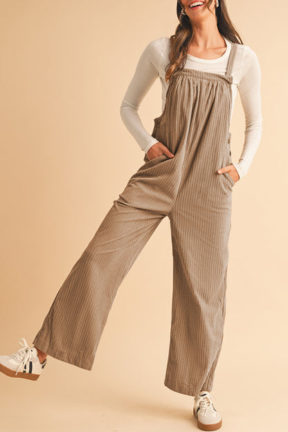 Gray Morn Plain Pocketed Loose Fit Corduroy Overalls