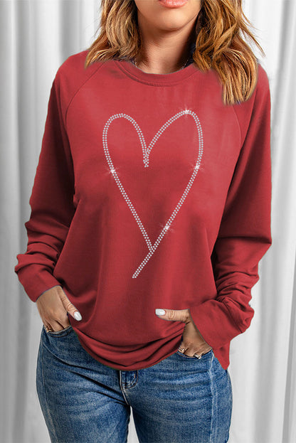 Red Casual Rhinestone Heart Shaped Graphic Sweatshirt