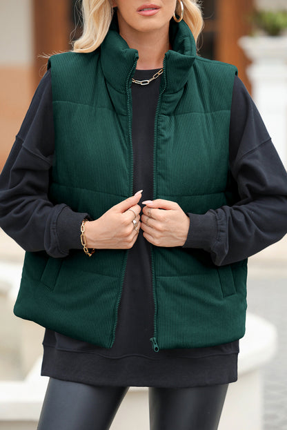 Jungle Green Solid Color Corduroy Puffer Vest Coat