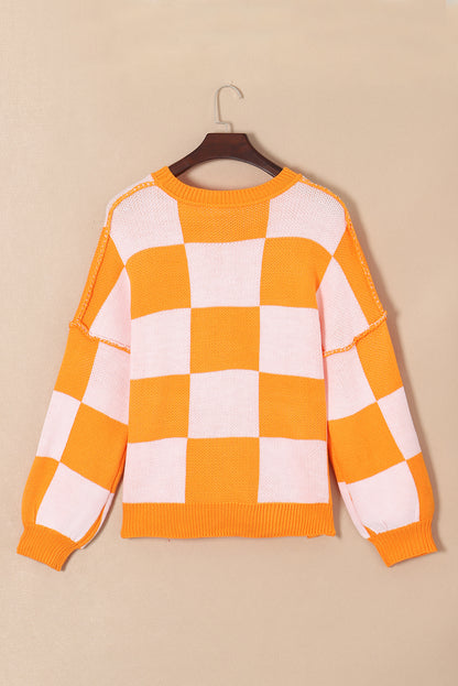 Pink Checkered Bishop Sleeve Sweater