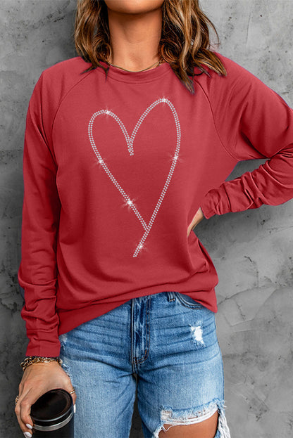 Red Casual Rhinestone Heart Shaped Graphic Sweatshirt