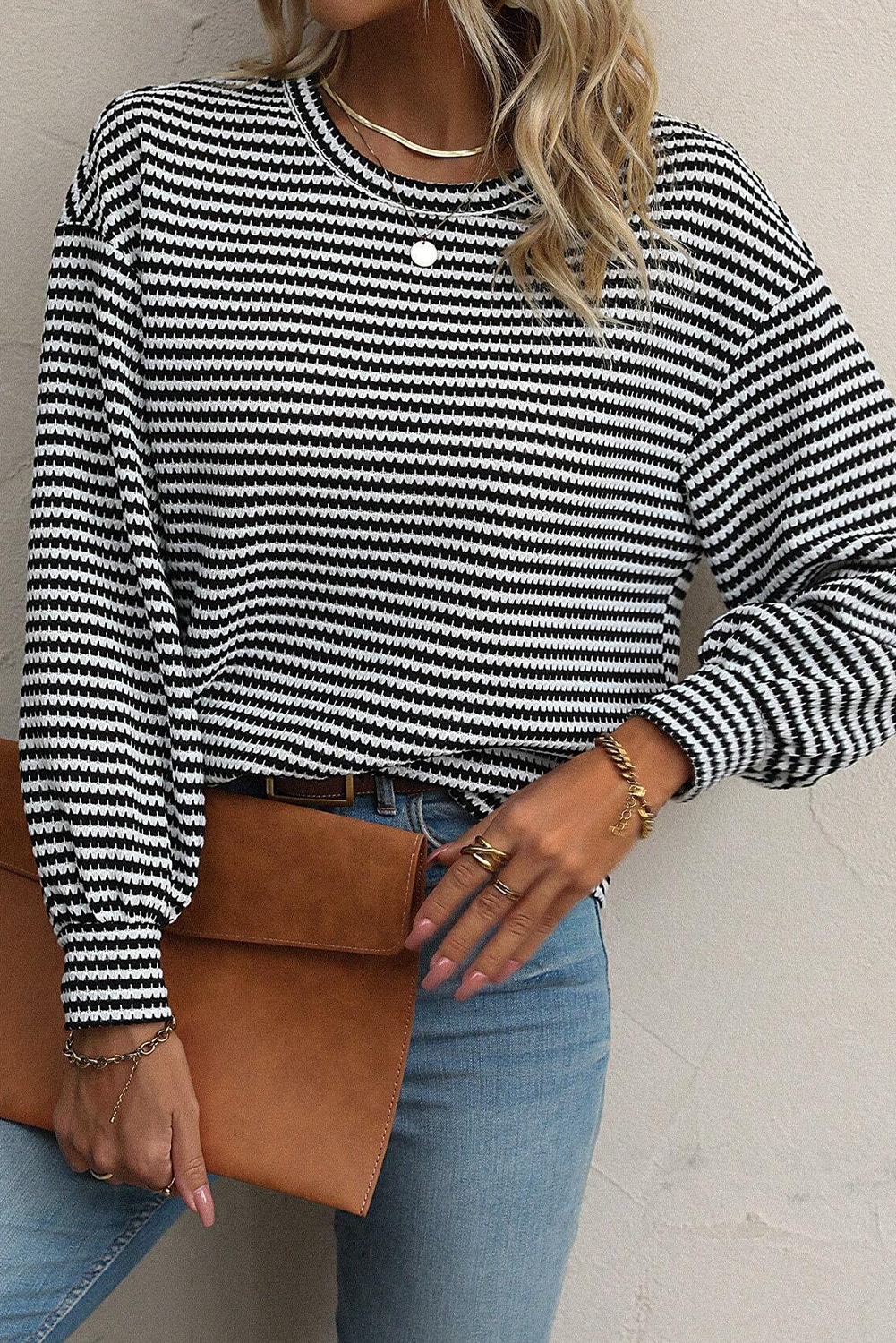 Rose Stripe Round Neck Drop Shoulder Long Sleeve Top