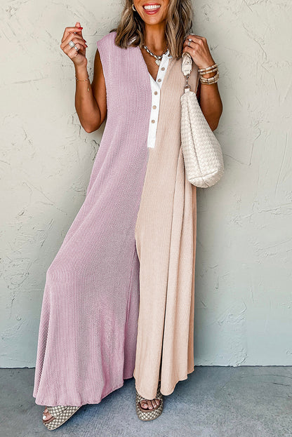 Parchment Color Block Corded Buttoned Super Wide Leg Jumpsuit