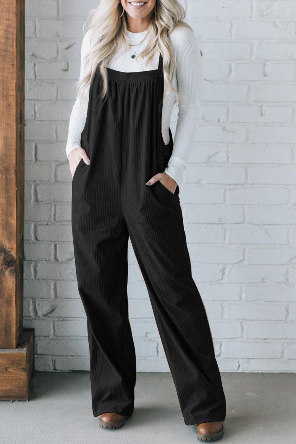 Gray Morn Plain Pocketed Loose Fit Corduroy Overalls