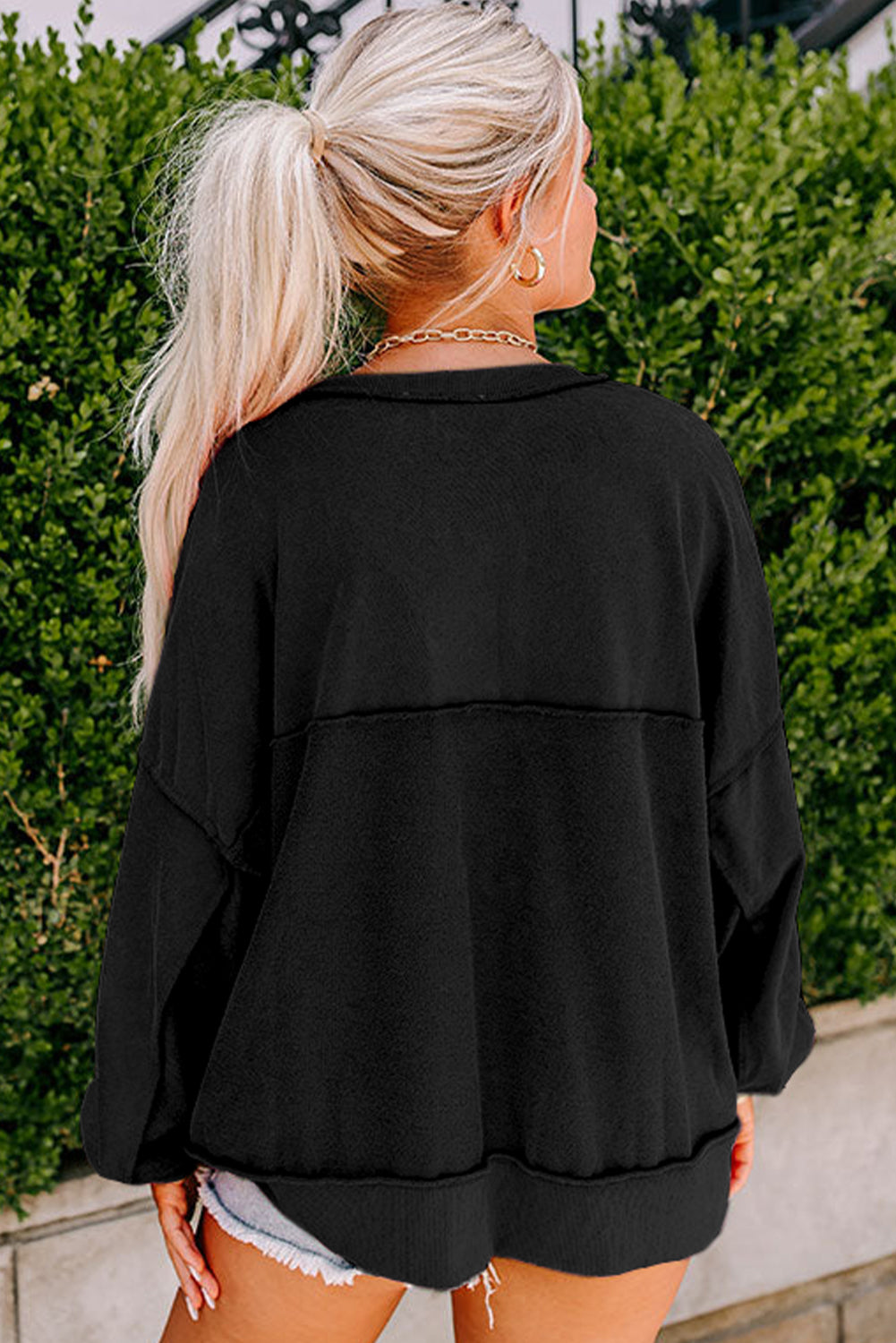 Black Slouchy Drop Shoulder Henley Sweatshirt