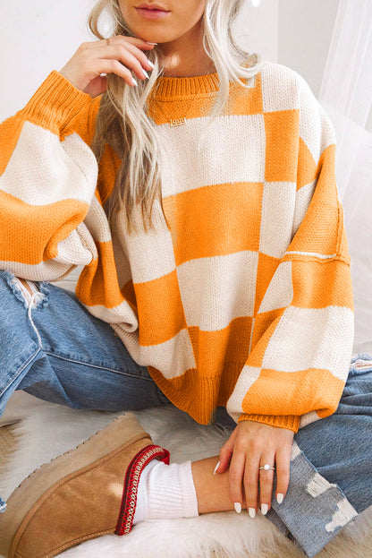 Pink Checkered Bishop Sleeve Sweater