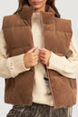 Jungle Green Solid Color Corduroy Puffer Vest Coat