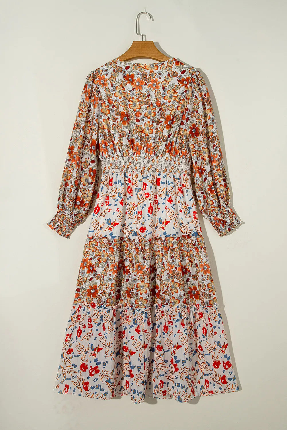 Full Size Printed V-Neck Lantern Sleeve Midi Dress