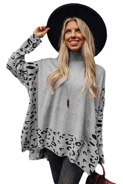 Gray Leopard High Neck Side Slit Oversized Sweater