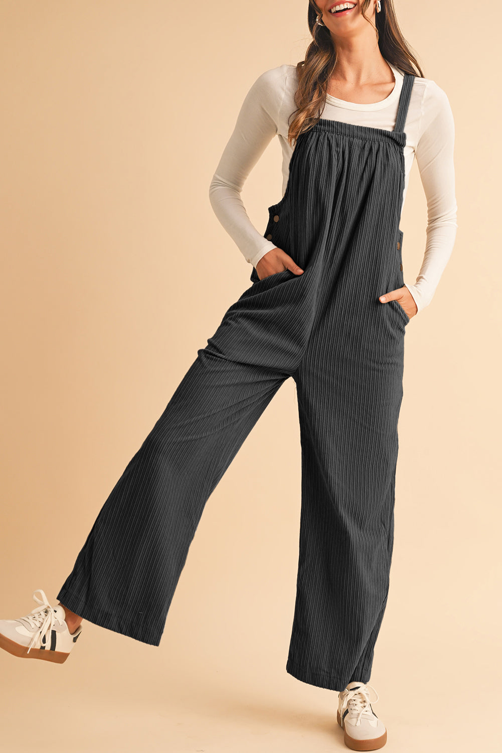 Gray Morn Plain Pocketed Loose Fit Corduroy Overalls