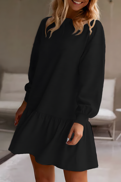 Black Solid Color Ruffle Hem Mini Sweatshirt Dress