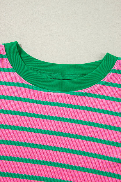 Pink Stripe Waffle Knit Crew Neck Plus Size Sweatshirt