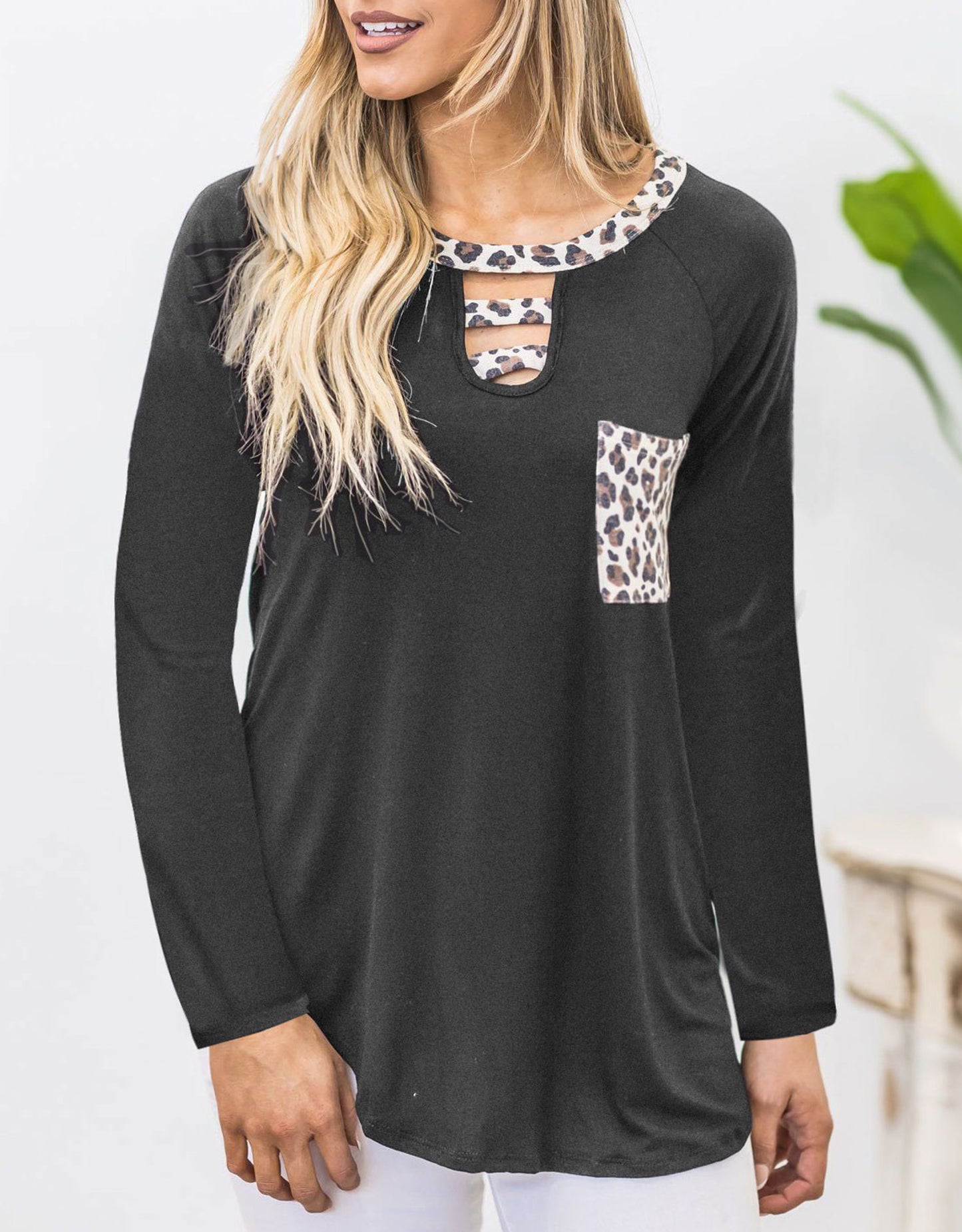 Cutout Leopard Round Neck Long Sleeve T-Shirt