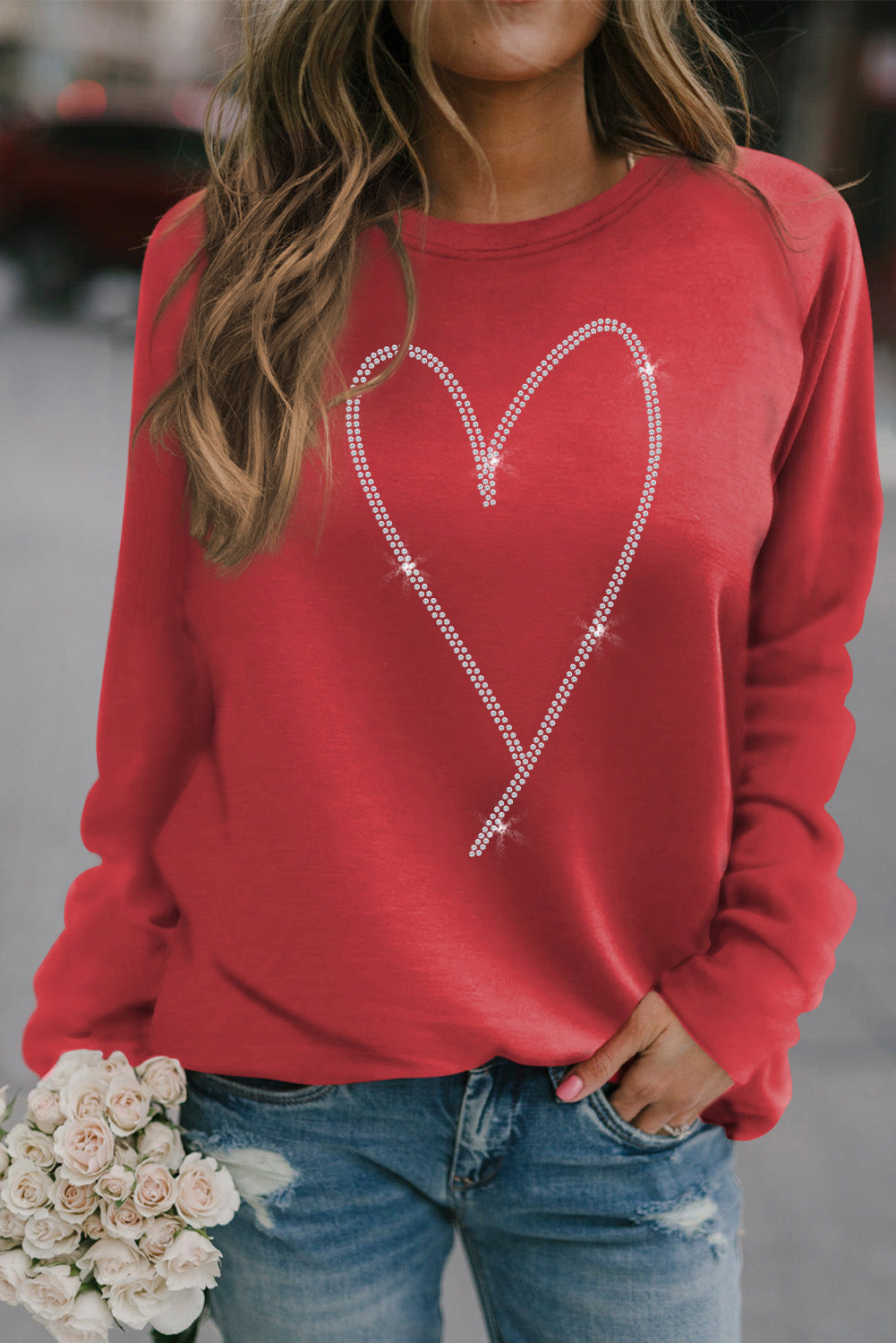 Red Casual Rhinestone Heart Shaped Graphic Sweatshirt