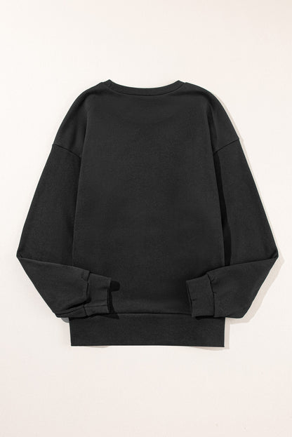 Black Snap Button Side Slits Solid Color Sweatshirt