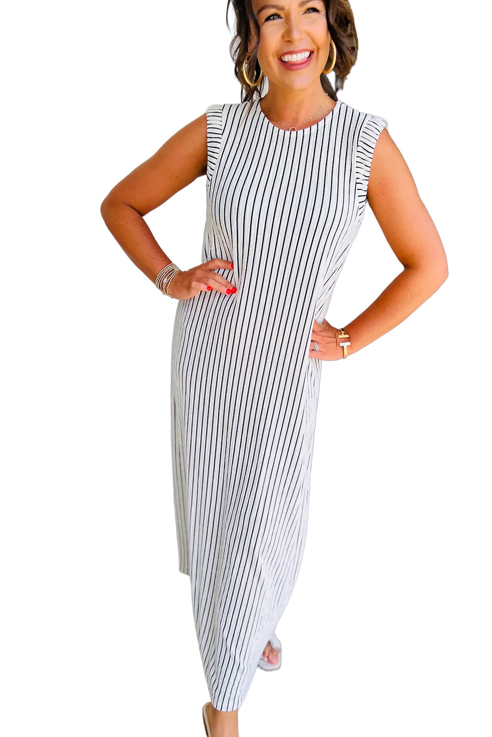 Black White Striped Round Neck Maxi Vest Dress