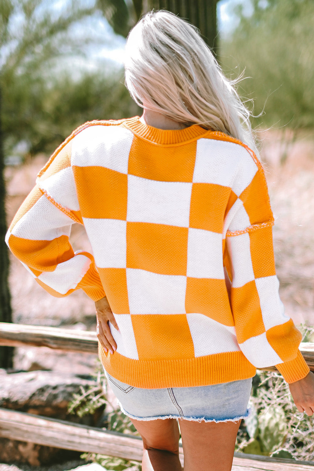 Pink Checkered Bishop Sleeve Sweater