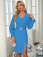 Slit V-Neck Long Sleeve Knee Length Dress