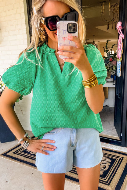 Bright Green Textured Puff Short Sleeve Notched V Neck Top