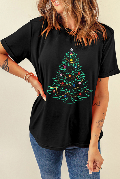 Black Rhinestone Christmas Tree Round Neck Graphic Tee