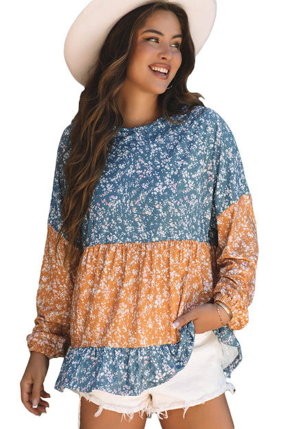 Blue Floral Color Block Patchwork Ruffled Hem Round Neck Blouse