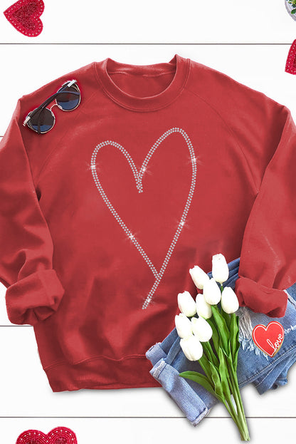 Red Casual Rhinestone Heart Shaped Graphic Sweatshirt