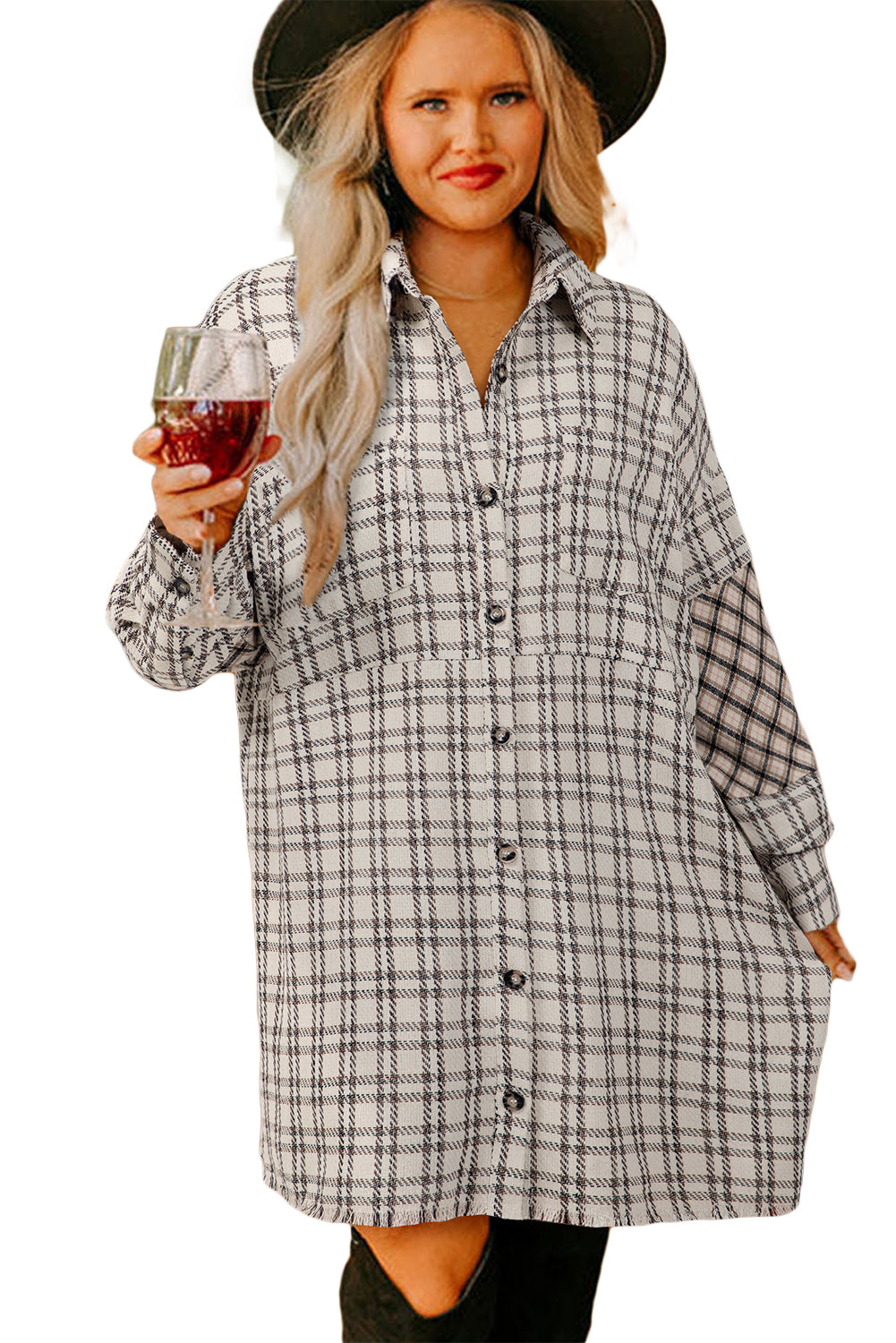 White Plaid Tunic Shirt Raw Hem Plus Size Dress