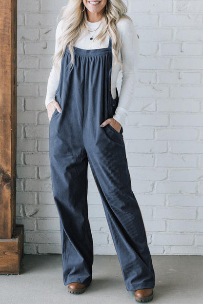 Gray Morn Plain Pocketed Loose Fit Corduroy Overalls