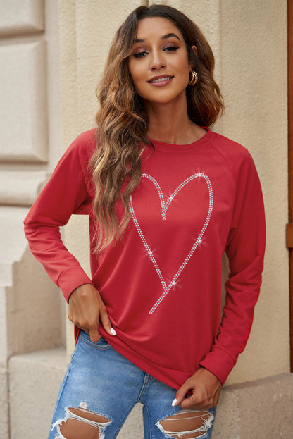 Red Casual Rhinestone Heart Shaped Graphic Sweatshirt