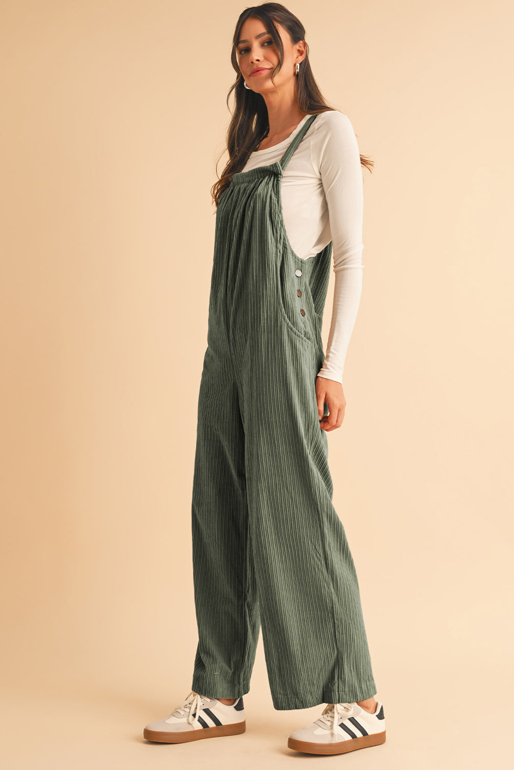 Gray Morn Plain Pocketed Loose Fit Corduroy Overalls