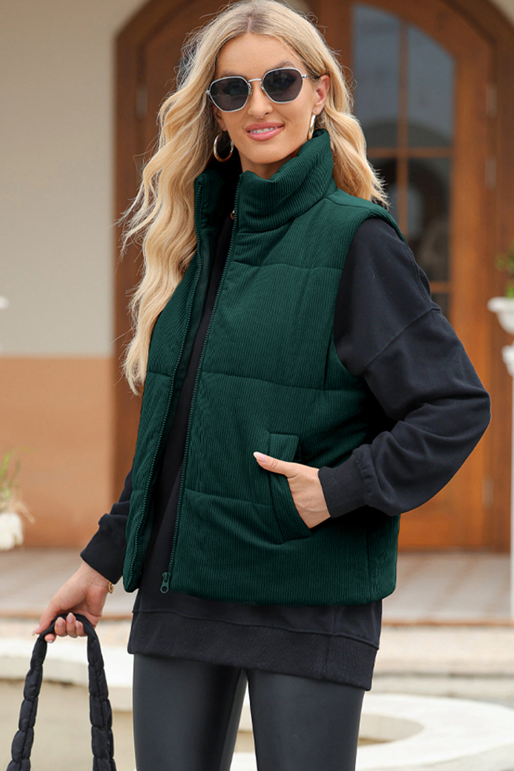 Jungle Green Solid Color Corduroy Puffer Vest Coat