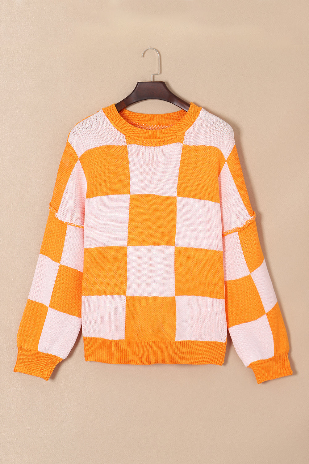 Pink Checkered Bishop Sleeve Sweater