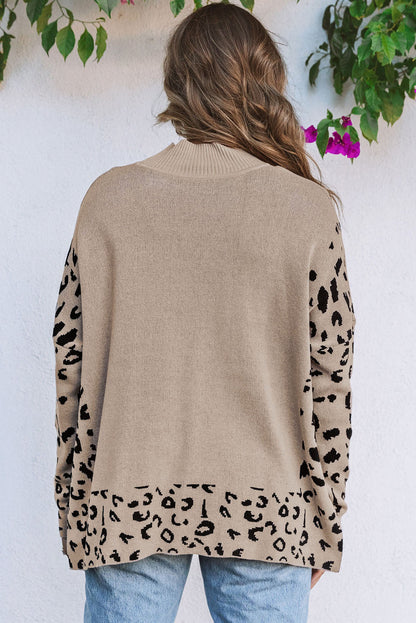 Gray Leopard High Neck Side Slit Oversized Sweater