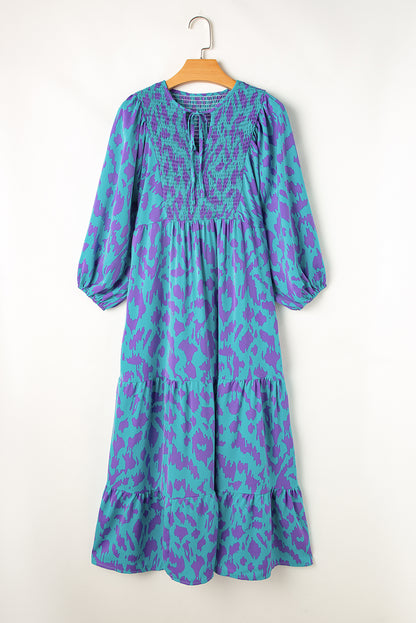 Green Abstract Print Puff Sleeve Tied Notched Neck Long Dress