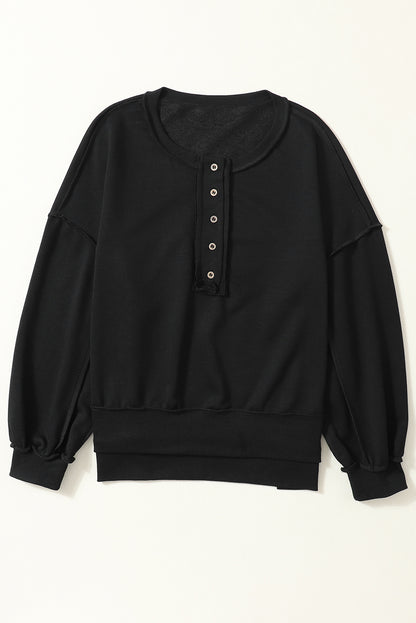 Black Slouchy Drop Shoulder Henley Sweatshirt