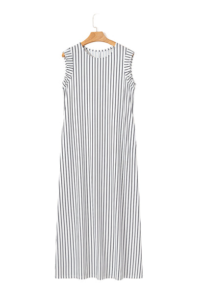 Black White Striped Round Neck Maxi Vest Dress