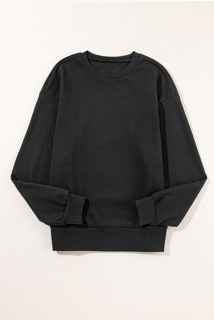 Black Snap Button Side Slits Solid Color Sweatshirt