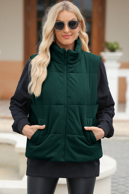 Jungle Green Solid Color Corduroy Puffer Vest Coat