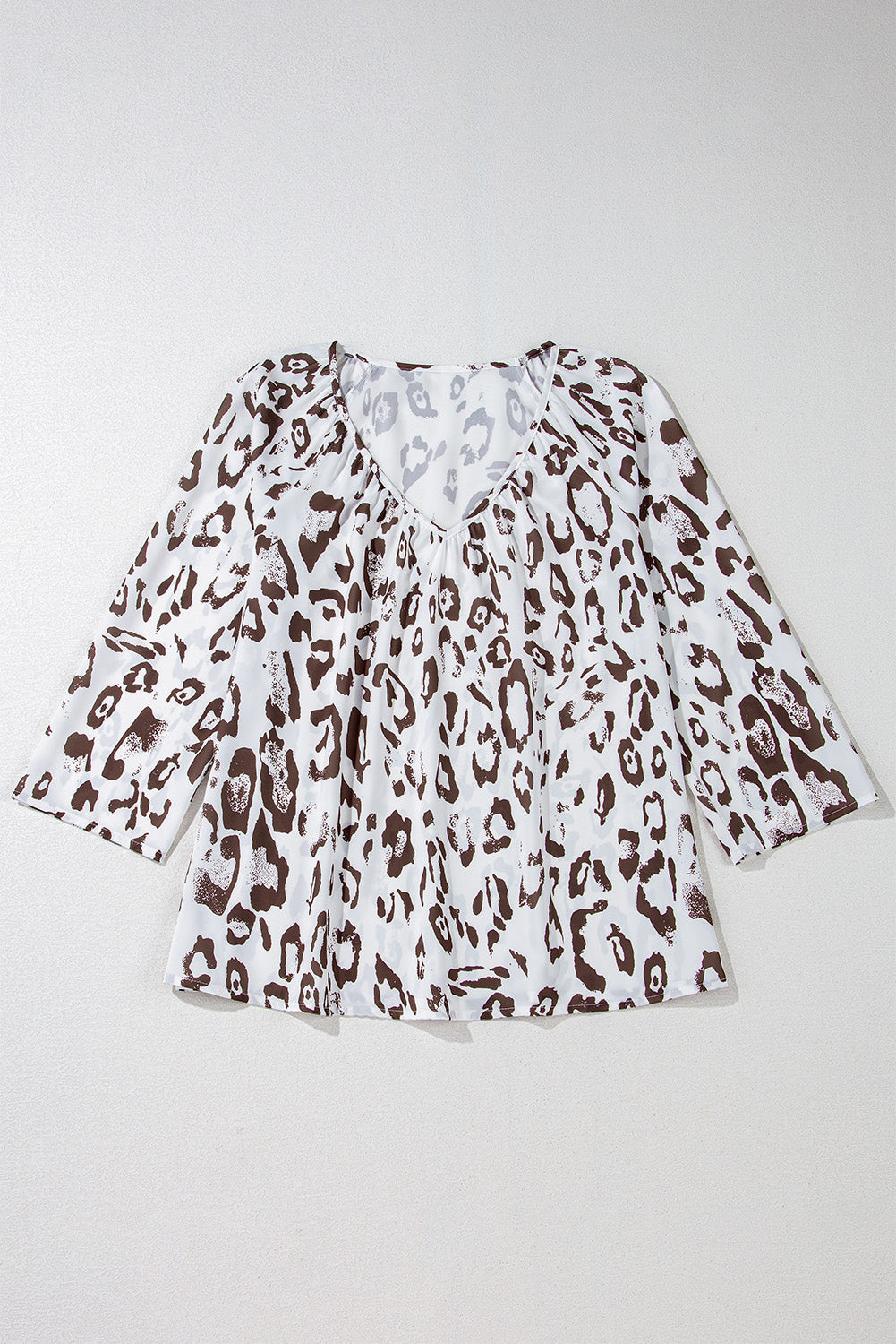 Rose Leopard Print Ruched V Neck 3/4 Sleeve Blouse