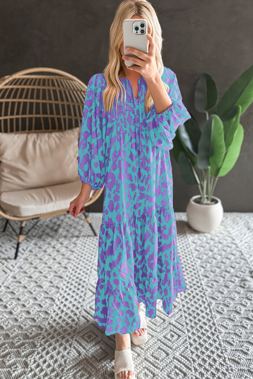 Green Abstract Print Puff Sleeve Tied Notched Neck Long Dress