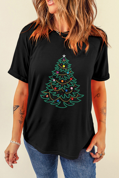 Black Rhinestone Christmas Tree Round Neck Graphic Tee