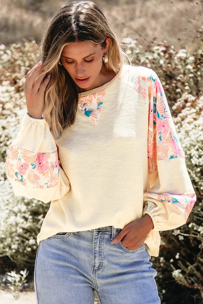 Printed Round Neck Balloon Sleeve Blouse